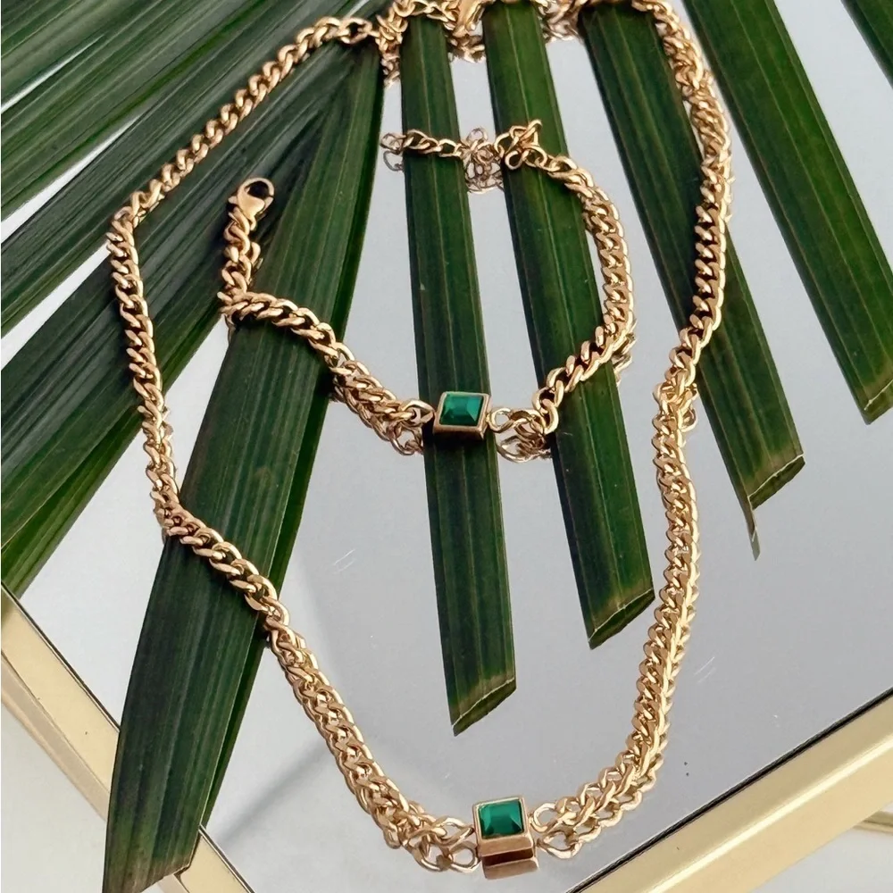 Gold Chain Necklace and Bracelet Set with Green Accents - Picture 4 of 4